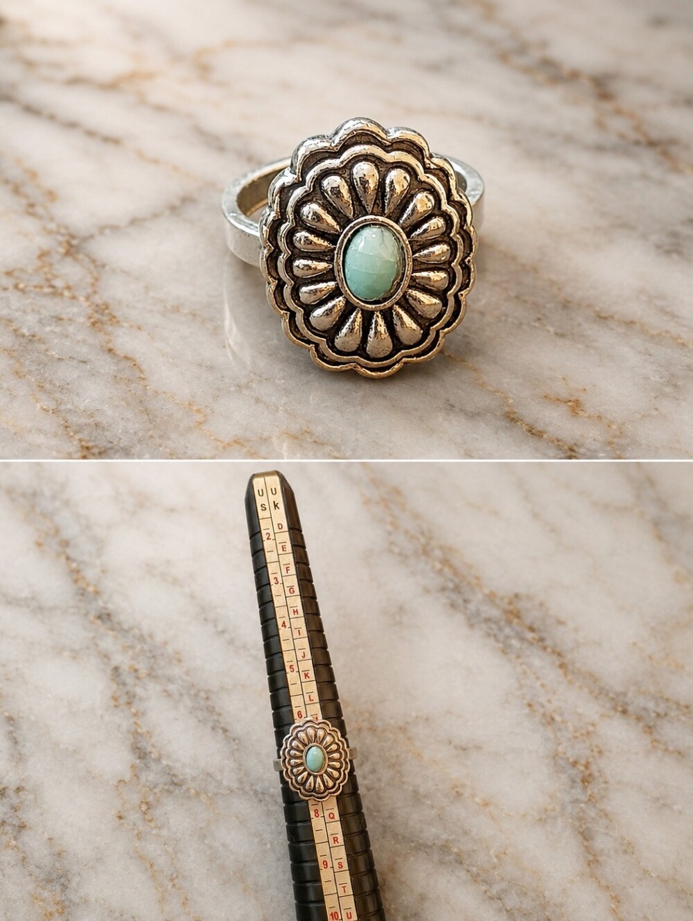Western Vintage Silver Turquoise Flower Oval Statement Ring Size 7
